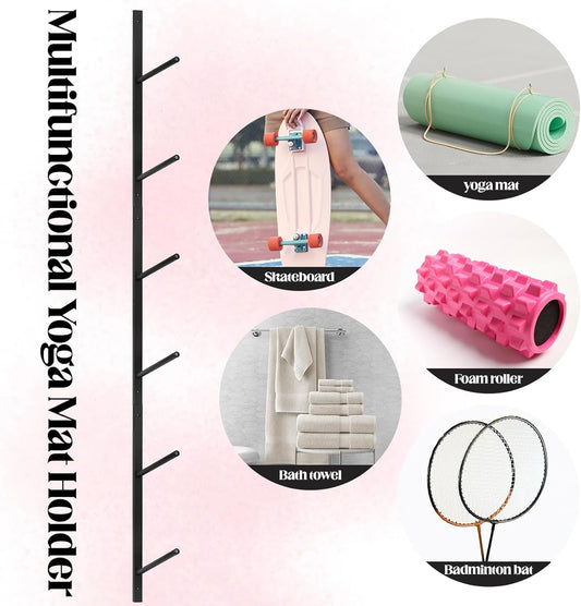 6 Tier Yoga Mat Rack,Yoga Mat Holder Wall Mount,Yoga Mat Storage Rack,Holds 30 lbs for Foam Rollers,Resistance Bands,Home Gym
