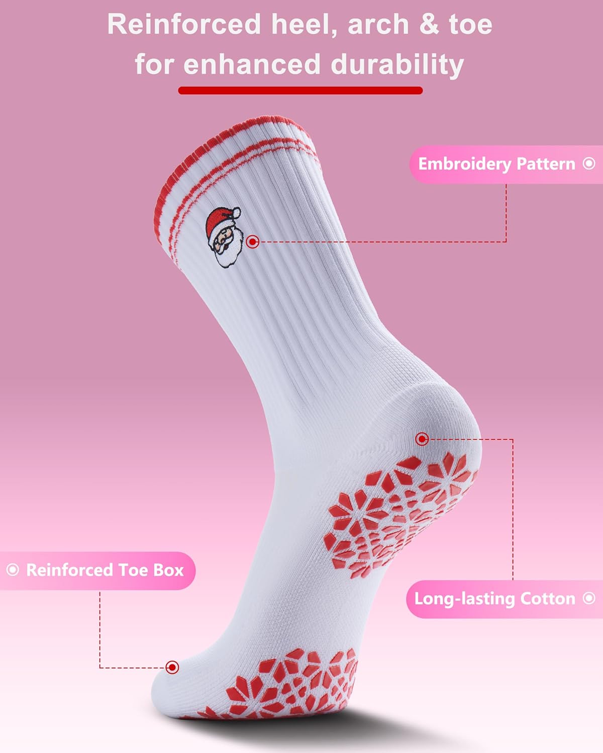 Pilates Grip Socks for Women - Embroidery Athletic Crew, Non-Skid Sticky Soles for Yoga, Barre, Workout & Hospital