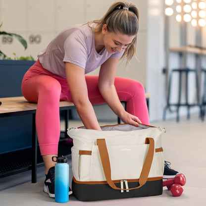ETRONIK Gym Bag for Women, Personal Item Travel Bag with Shoes Compartment, Weekender Overnight Duffel Bag with Wet Pocket, Carry On Bag for Women, Travel, Gym, Weekend (Beige)