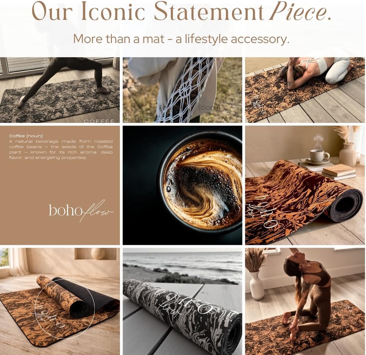 Deluxe Cork Yoga Mat – Gold, Coffee or Vegan Leather Cork Surface & Natural Rubber Base – Premium Natural & Eco Friendly Materials – Includes Signature Handmade Boho Bag