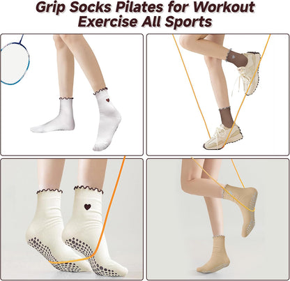 Grip Socks Pilates,4/6Pairs Cotton Cute Pilates Socks for Women, Ruffle Grippy Sock for Yoga Barre Hospital 5-10in