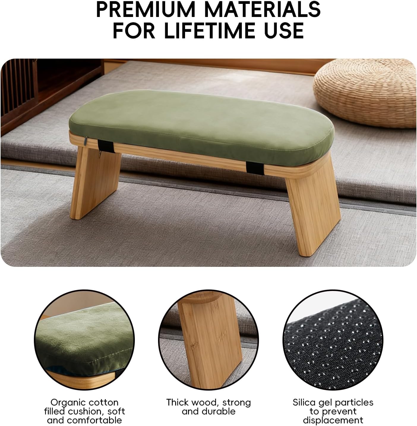 Natural Beech Wood Yoga Bench, Ergonomic Design for Kneeling, Meditation, Pilates, FSC Certified (Green)