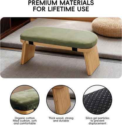 Natural Beech Wood Yoga Bench, Ergonomic Design for Kneeling, Meditation, Pilates, FSC Certified (Green)