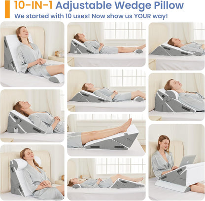 Sasttie Wedge Pillow Set for After Surgery, 2PCS Adjustable Bed Wedge Pillow Headboard with Memory Foam Neck Cushion – for Acid Reflux, Sleeping, Neck & Back Support, Dark Grey