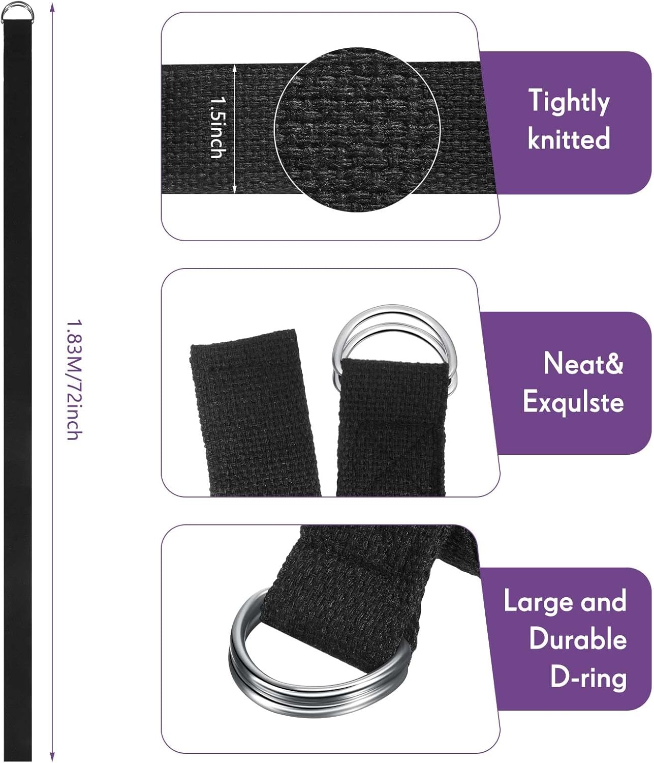 Jerify 50 Pcs Yoga Strap for Stretching Bulk 6ft Exercise Stretch Band with Metal D Ring Adjustable Pilates Non Elastic Yoga Belt for Women Men Physical Fitness Gym Workout Dance (Black)