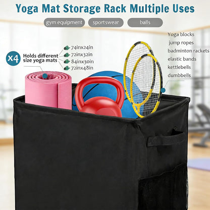 Funvalley Surperfect Yoga Mat Holder, Gym Mats Storage Rack with Wheels, Foldable Fitness Equipment Organizer for Home Gym Decor – Holds 4 Mats, 2 Foam Rollers, 6 Bands, with Mesh Pockets
