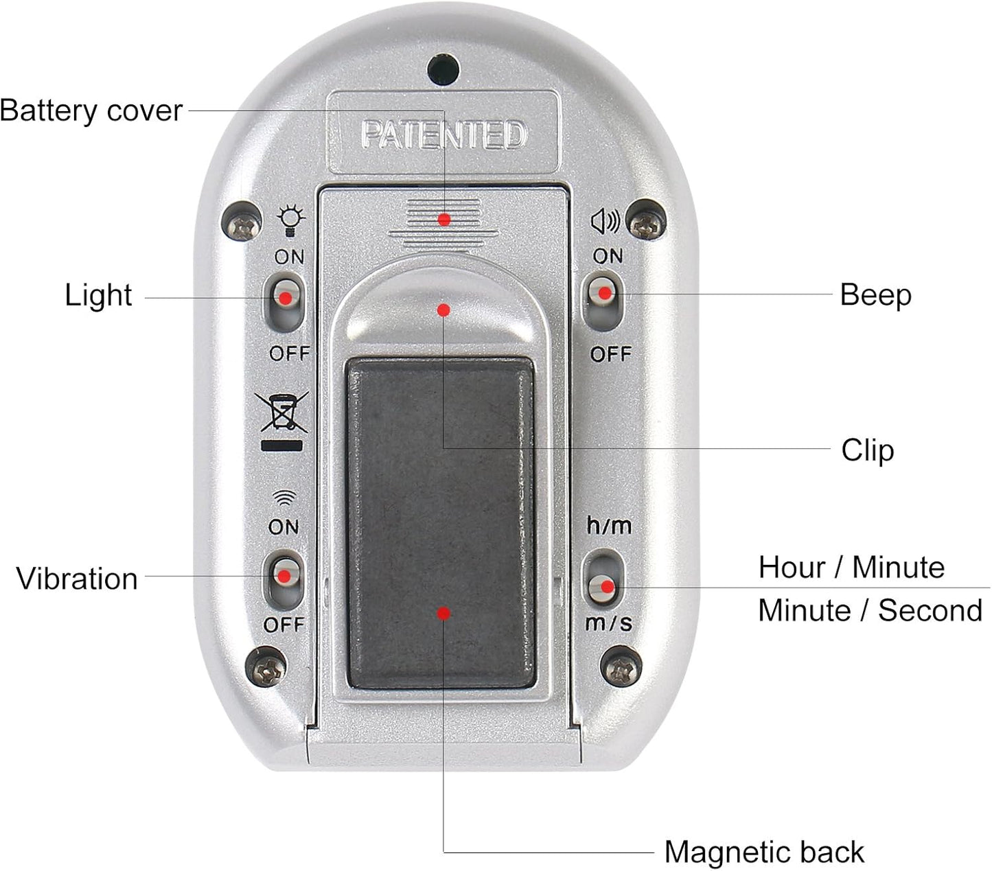 x-wlang 3-in-1 Alerts timer 1013 with vibration ,beep and flash.(kitchen timer ,medical timer,therapeutic timer), silver