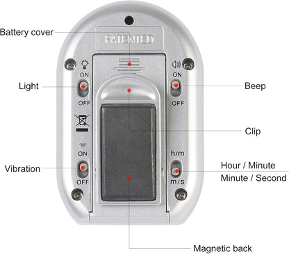 x-wlang 3-in-1 Alerts timer 1013 with vibration ,beep and flash.(kitchen timer ,medical timer,therapeutic timer), silver