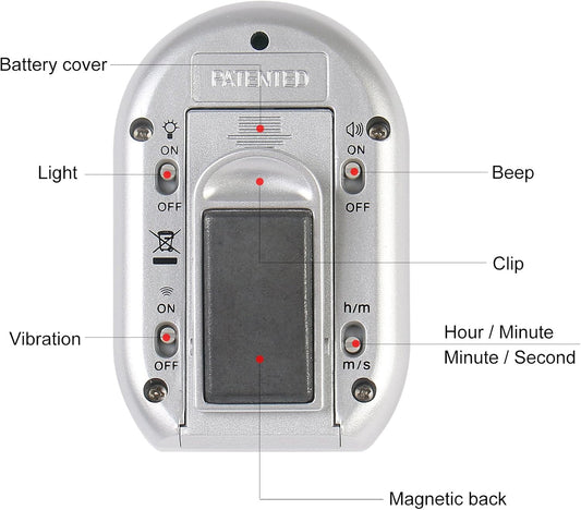 x-wlang 3-in-1 Alerts timer 1013 with vibration ,beep and flash.(kitchen timer ,medical timer,therapeutic timer), silver