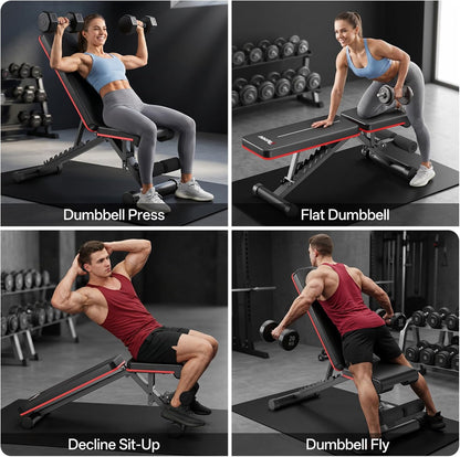 PASYOU Adjustable Weight Bench for Home Gym, Foldable Workout Benches with 660LBS, Exercise Bench for Incline Decline Flat Bench Press, Foldable Strength Bench for Daily Training