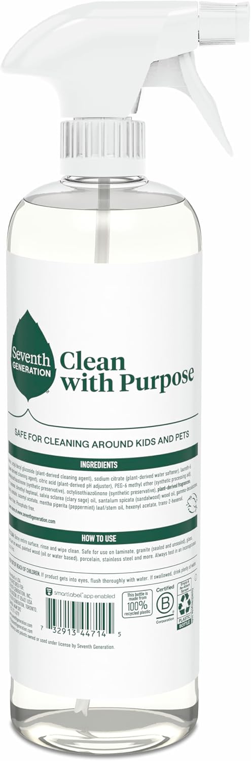 Seventh Generation All Purpose Cleaner, Free & Clear, 23 oz, Pack of 4, Plant-Based Cleaning Spray, Cuts Grease & Grime, No Fragrance or VOCs, Safe for Kids & Pets, Works on Glass, Sealed Wood & More
