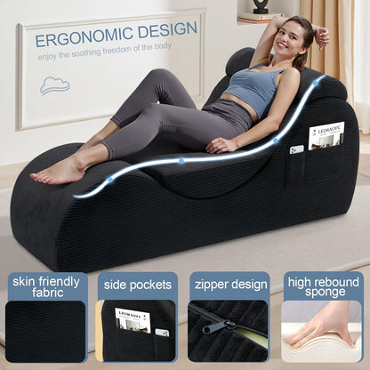 Yoga Chair Lounge for Adult, Ergonomic Chaise Lounge Chair with Side Pocket, Headrest, Waist Pad, Perfect for Stretching, Massage, and Relaxation, Used in Living Room, Bedroom（Black）