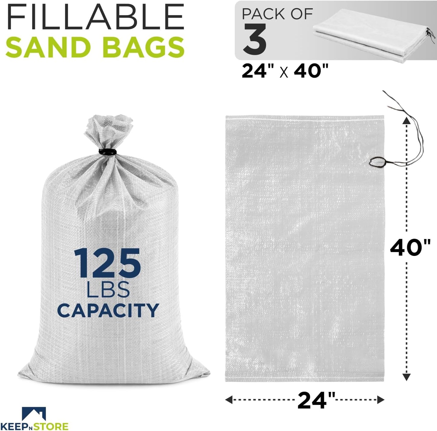 Heavy Duty Sand Bags Pack of 3, White Empty Sandbags with Built-In Ties, Woven Polypropylene UV Protection 1600 Hours, Fillable Sand Bags for Flood Control, Weight, 10x14 inches, 15 Pounds Volume