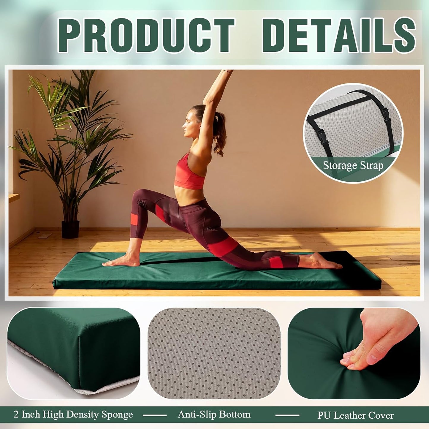 Lyrow 2 Inch 72"x24" Thick Foldable Yoga Mat with Carry Strap, Non-slip Portable Foam Gym Mat for Yoga, Pilates and Stretching