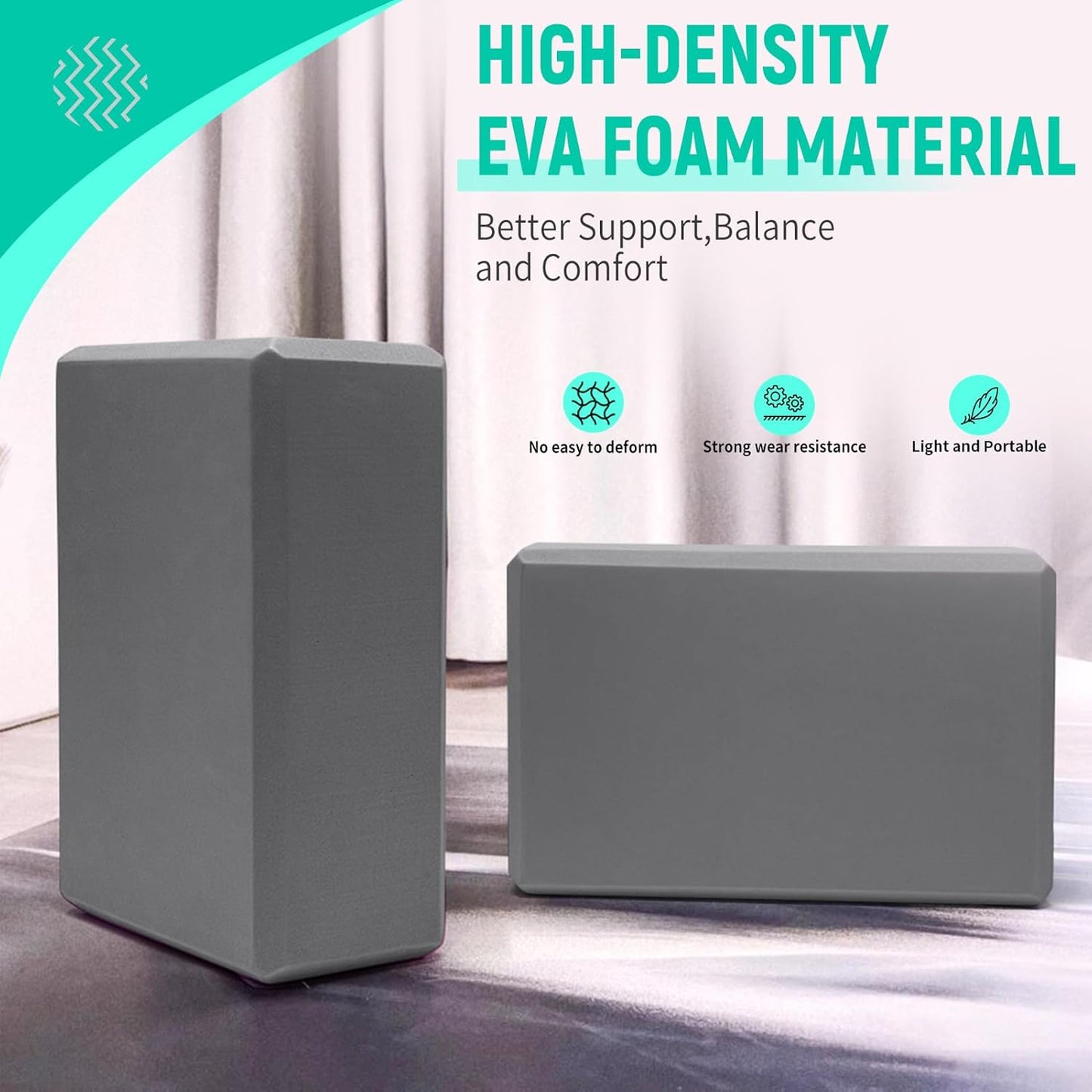 Yoga Blocks 2 Pack, 9"x6"x3" High-Density EVA Foam Yoga Block, Non-Slip Yoga Blocks for Yoga, Pilates Meditation, Stretching and Toning, Supportive, Latex-Free
