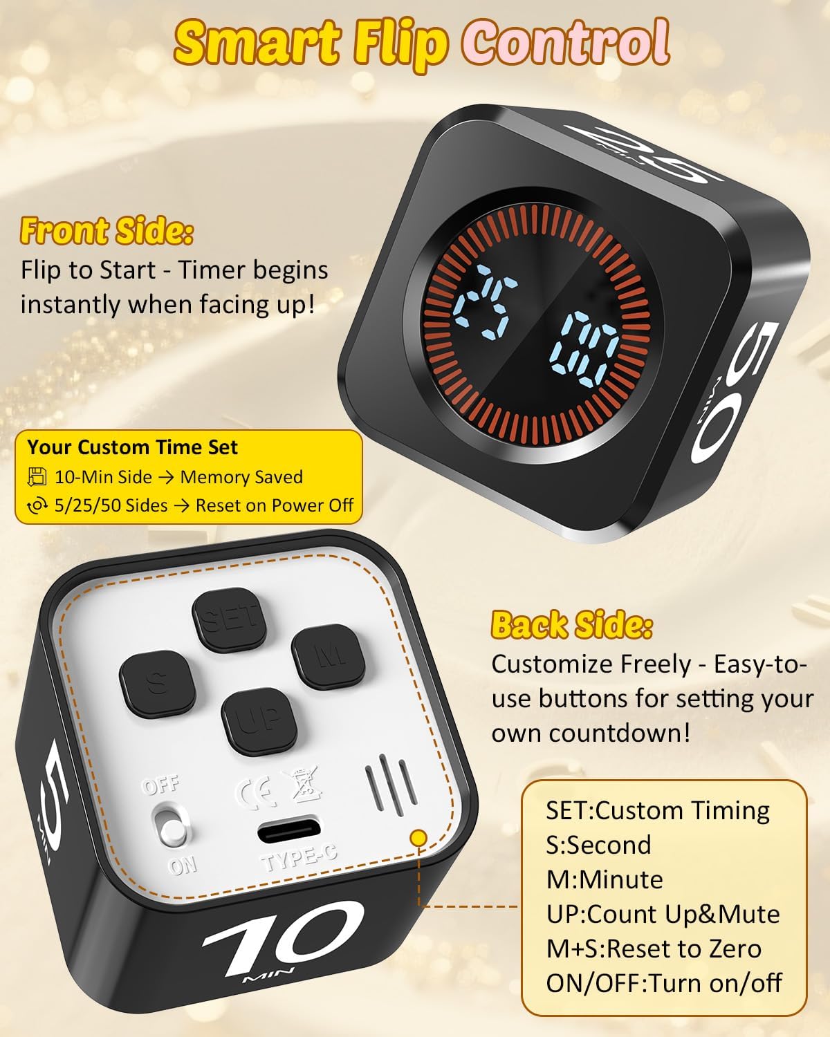 Digital Pomodoro Timer Cube 5/10/25/50min, Visual Productivity Flip Timer for Kids Classroom Desk, Custom Countdown, Silent and Sound Mode for ADHD Study Work Game Kitchen (Black)
