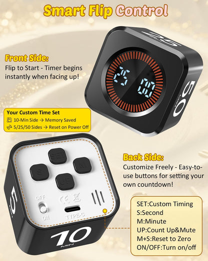 Digital Pomodoro Timer Cube 5/10/25/50min, Visual Productivity Flip Timer for Kids Classroom Desk, Custom Countdown, Silent and Sound Mode for ADHD Study Work Game Kitchen (Black)