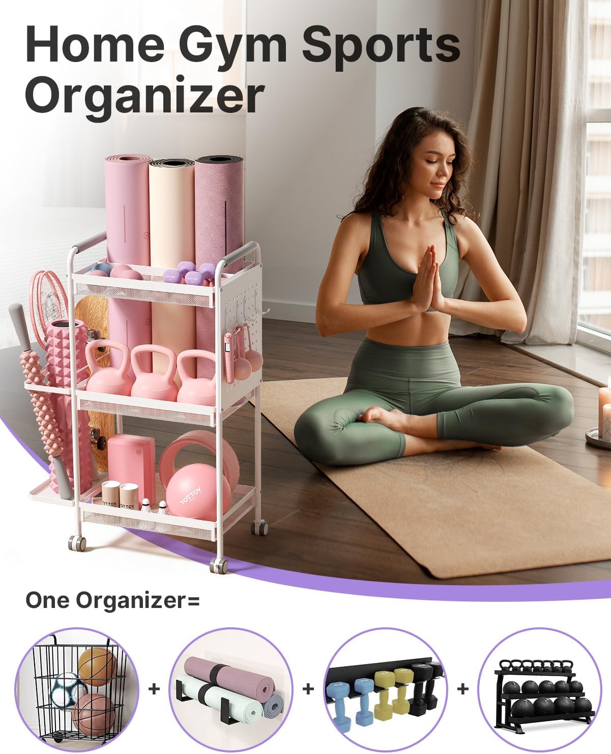 YOTTOY 3-Tier Gym Storage Rack for Home Gym–Multi-Functional Weight Rack, Dumbbell Rack, Yoga Mat Holder with Side Basket & 6 Hooks, Gym Equipment Organizer