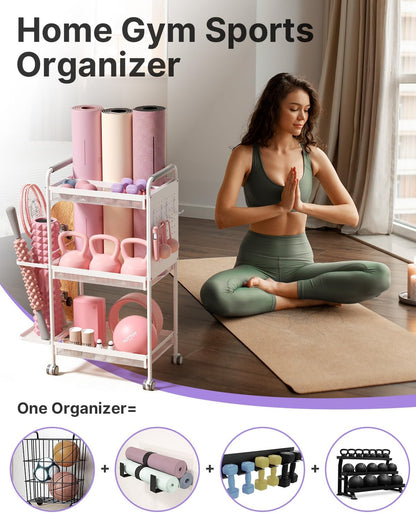 YOTTOY 3-Tier Gym Storage Rack for Home Gym–Multi-Functional Weight Rack, Dumbbell Rack, Yoga Mat Holder with Side Basket & 6 Hooks, Gym Equipment Organizer