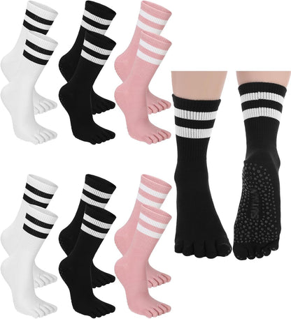 Fourluoo 6 Pairs Women Toe Socks Non Slip Yoga Socks with Grip Men Pilates Toe Socks for Dance Gym