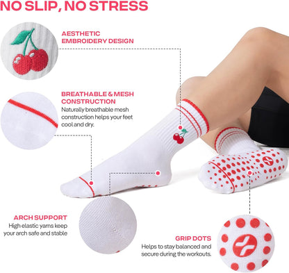 COOLMATE Pilates Socks with Grips for Women, Yoga Socks, Crew Non Slip Women for Barre, Pilates Gifts for Women - Colors A