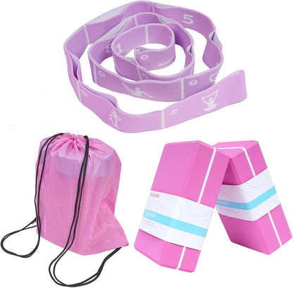 Yoga Blocks 2 Pack with Elastic Stretch Band & Bag – High Density Foam Yoga Blocks for Stability, Deep Stretching & Balance, 12-Loop Resistance Strap for Yoga, Pilates, Dance & Flexibility Training