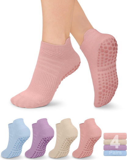 yeuG Pilates Socks for Women Non Slip Grip Socks for Yoga, Barre, Hospital, Barefoot Grippy Yoga Sock Womens Gifts 4 Pairs