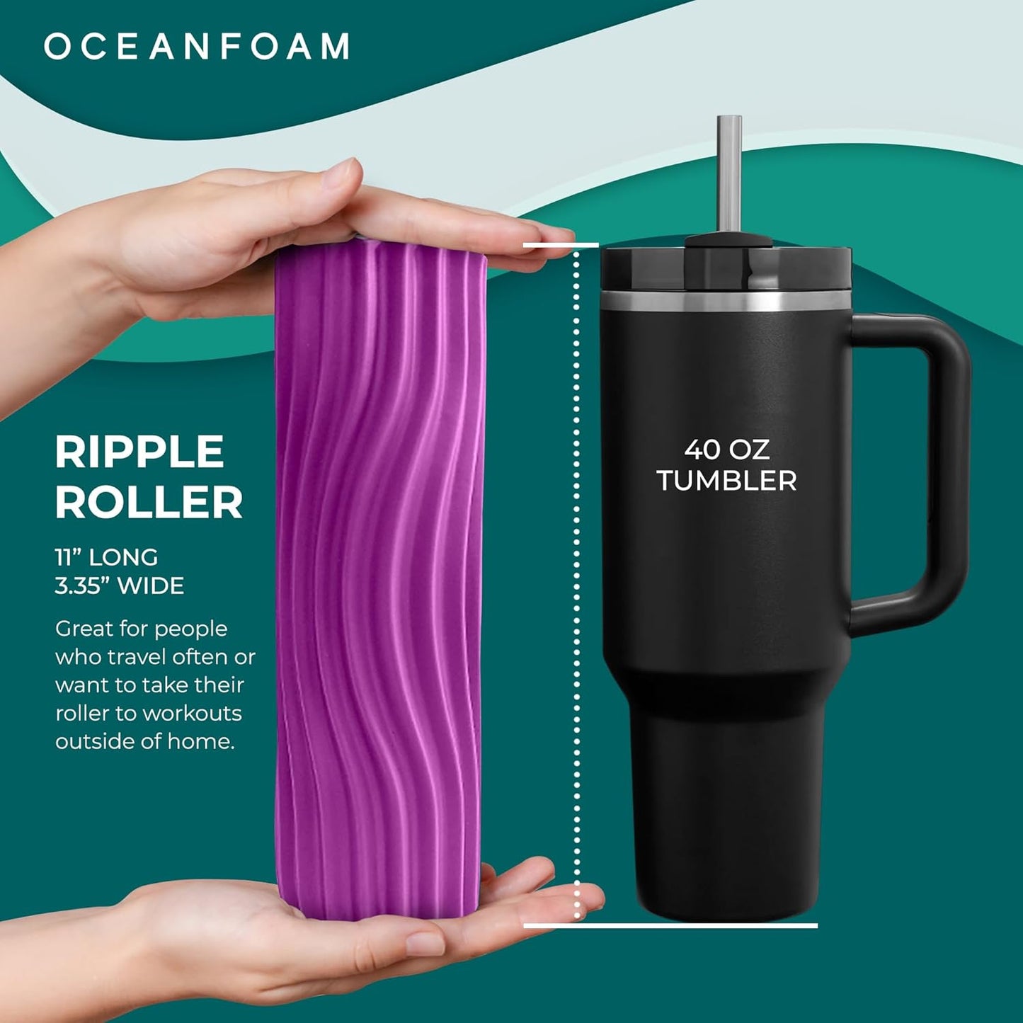 Oceanfoam Ripple Travel Foam Roller (11" x 3.35") Firm Mini Foam Roller for Physical Therapy, Deep Tissue Massage, Back Pain - High Density, Ergonomic Wave Textured - Yoga, Pilates, Exercise (Natural) - Colors A