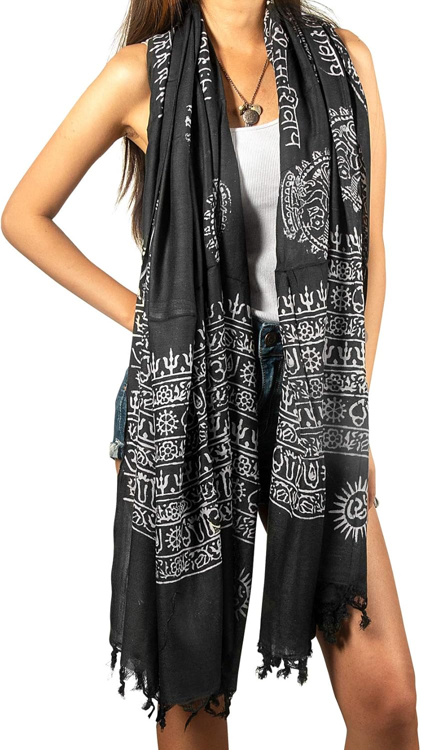 Tribe Azure Fair Trade Large Scarf Wrap Yoga Soft Cotton Mix Hand Printed Boho Bohemian White Black Yellow