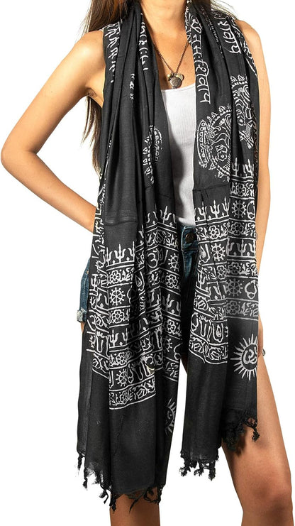 Tribe Azure Fair Trade Large Scarf Wrap Yoga Soft Cotton Mix Hand Printed Boho Bohemian White Black Yellow