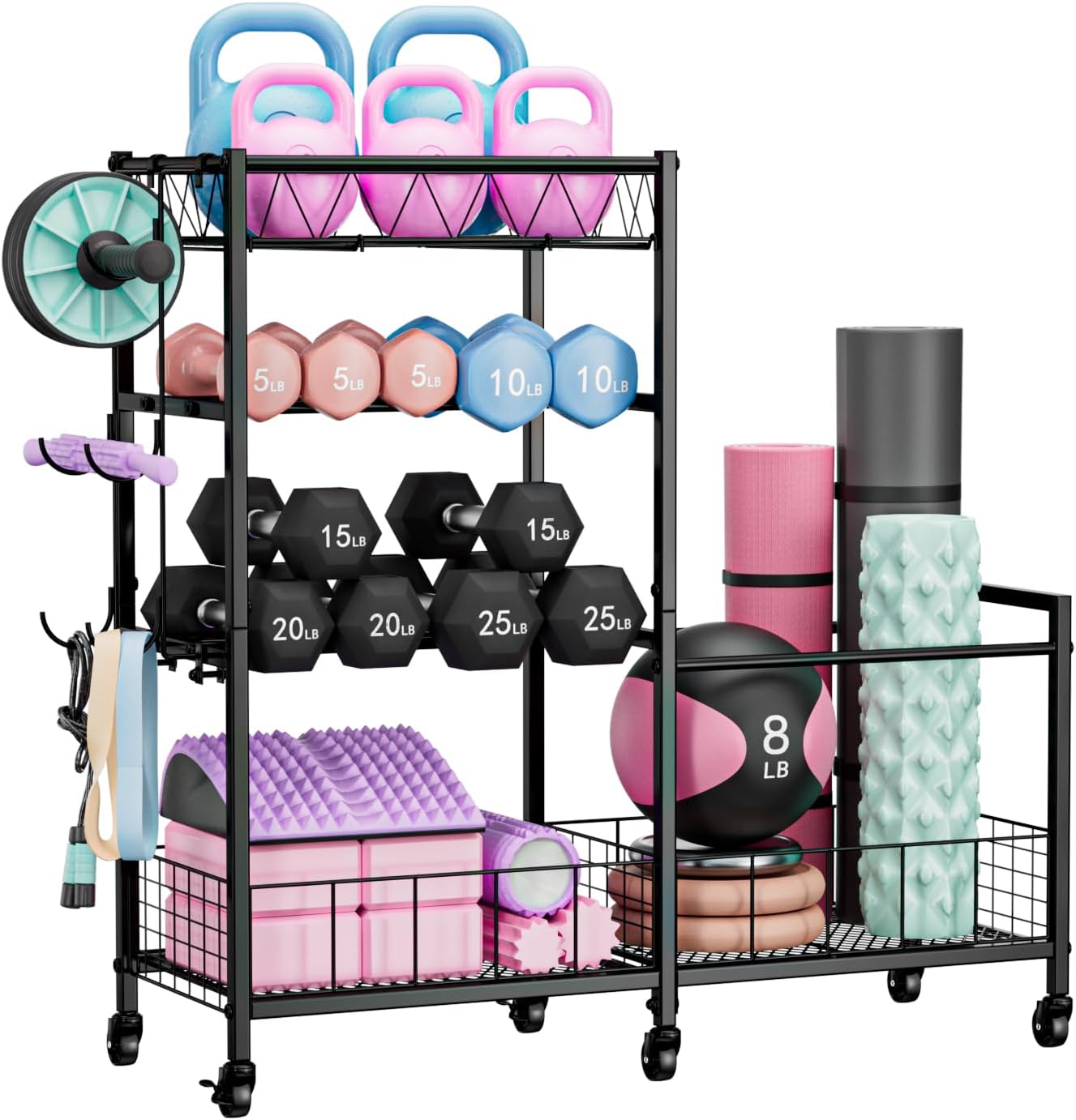 HavenlyYouth Dumbbell Rack, Home Gym Weight Rack Storage, Adjustable Dumbbell Stand Organizer with Wheels, Holds Dumbbells, Kettlebells, Yoga Mats