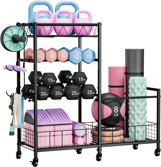 HavenlyYouth Dumbbell Rack, Home Gym Weight Rack Storage, Adjustable Dumbbell Stand Organizer with Wheels, Holds Dumbbells, Kettlebells, Yoga Mats