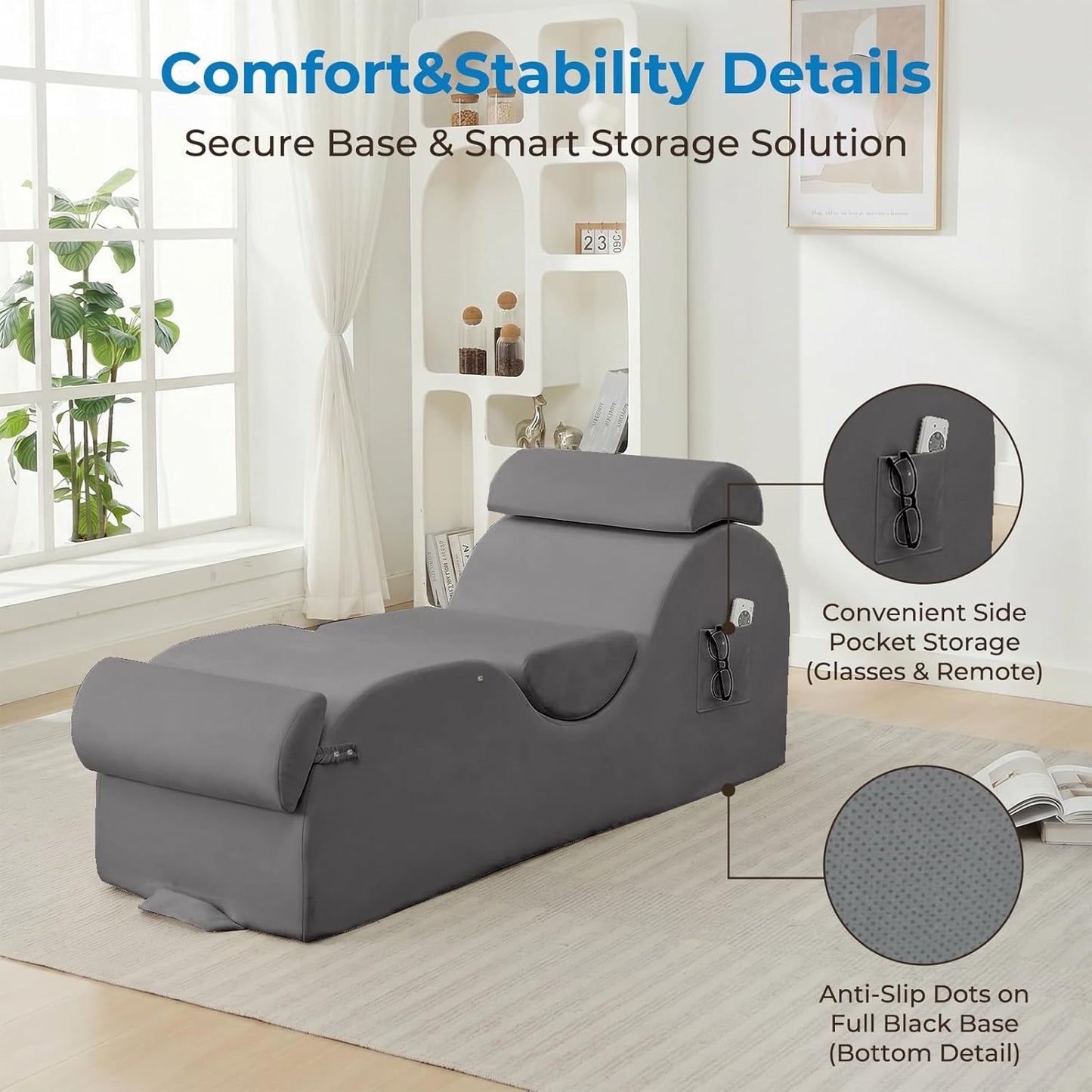 Mjkone Velvet Yoga Chair, Yoga Chaise Lounge Chair Indoor with Side Pockets, Headrest, Waist Cushion, Movable Footrest, Curved Sofa Chair for Relaxation Stretching for Bedroom, Black