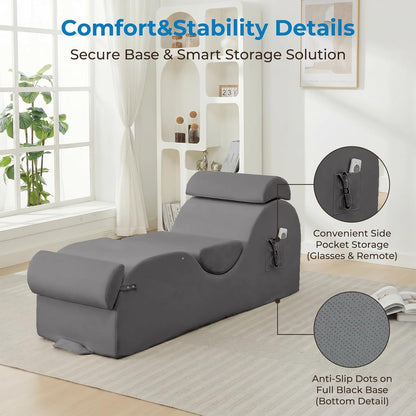 Mjkone Velvet Yoga Chair, Yoga Chaise Lounge Chair Indoor with Side Pockets, Headrest, Waist Cushion, Movable Footrest, Curved Sofa Chair for Relaxation Stretching for Bedroom, Black