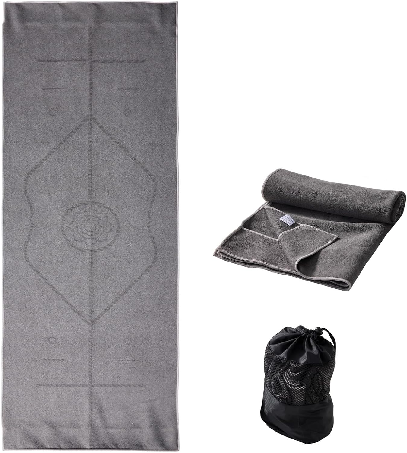 Yoga Mat Towel with Alignment Lines, 72"x 24" Mat-Sized, Anti-Slip Cover for Hot Yoga Pilates Exercise Fitness with Mesh Storage Bag (Dark Grey)