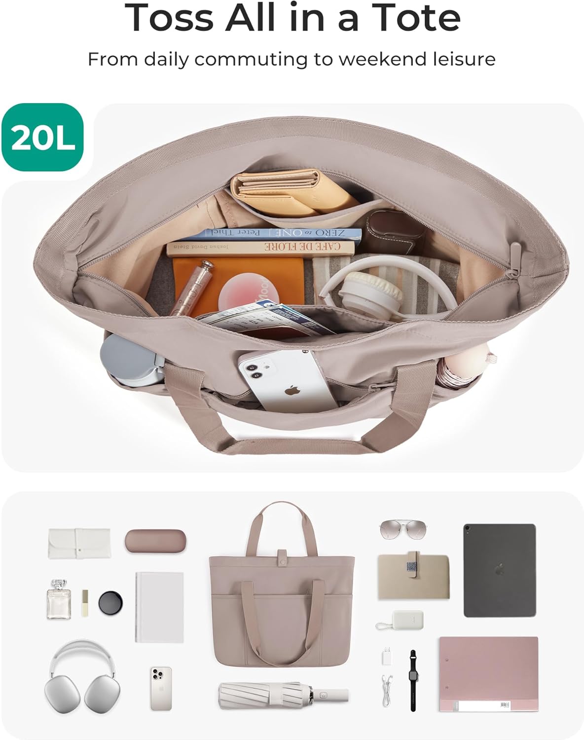 BAGSMART Tote Bag for Women, Foldable Tote Bag With Zipper Travel Shoulder Bag Handbag for Work