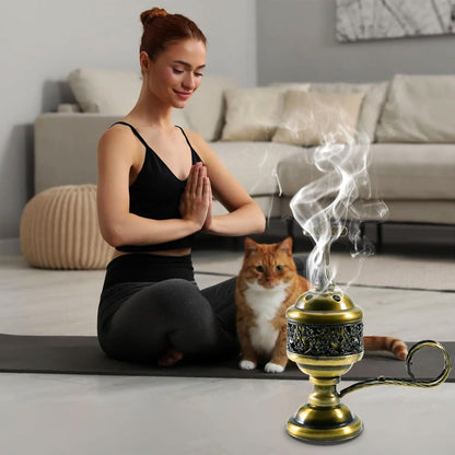 Gold Incense Burner with Tong – Frankincense Charcoal Incense Stand Aromatherapy, Yoga, Spa, Home Decor, and Church Use – Compact & Durable Bakhoor Holder