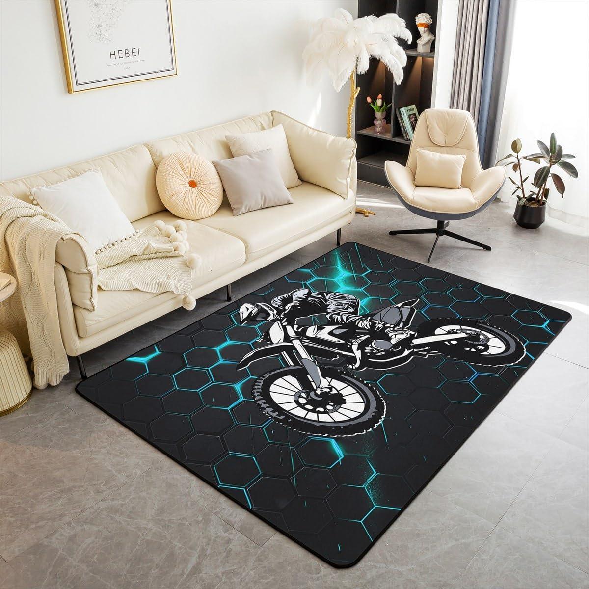 Feelyou Dirt Bike Area Rug 3x5 Kids Extreme Sports Green Honeycomb Living Room Rugs for Bedroom Boys Girls Teens Racing Motocross Rider Decorative Carpet Rug Non-Slip Motorcycle Indoor Floor Mat