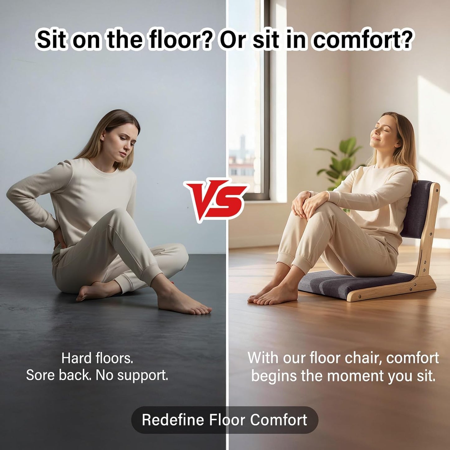 Tiita 2Pcs Floor Games Chair, Foldable Meditation Tatami Chairs, Backrest Chair with Cushion, Living Room Chair Seat, Wood Grey