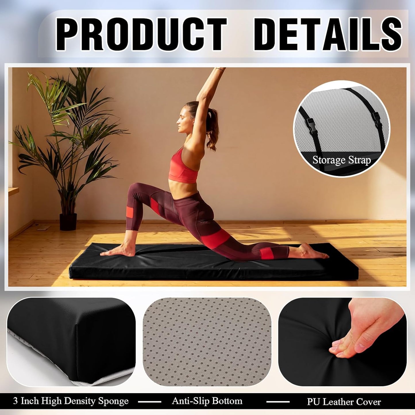 Lyrow 3 Inch 72"x 24" Thick Foldable Yoga Mat with Carry Strap, Non-slip Portable Foam Gym Mat for Yoga, Pilates and Stretching
