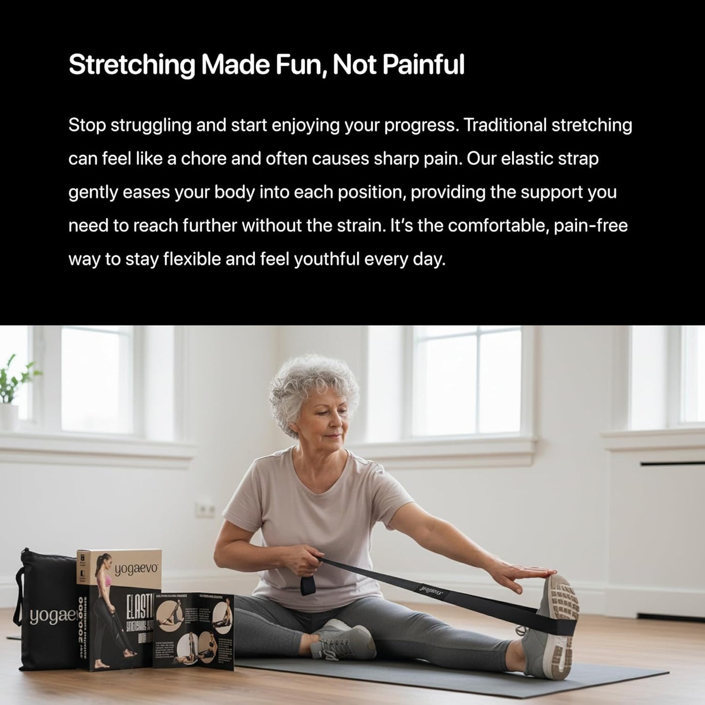 YOGA-EVO Elastic Stretching Strap with Loops for Physical Therapy - Stretch & Activate Muscles - Increase Mobility & Recovery - Soft Cotton & Spandex - Includes Carrying Pouch & Video Exercises