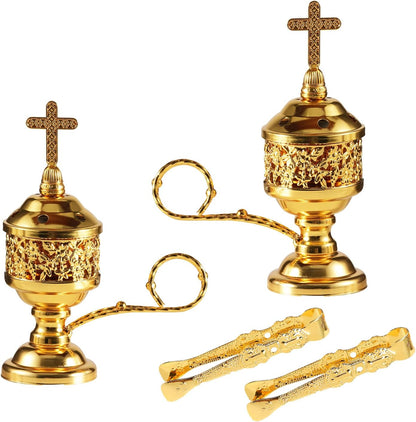 Gold Incense Burner with Tong – Frankincense Charcoal Incense Stand Aromatherapy, Yoga, Spa, Home Decor, and Church Use – Compact & Durable Bakhoor Holder