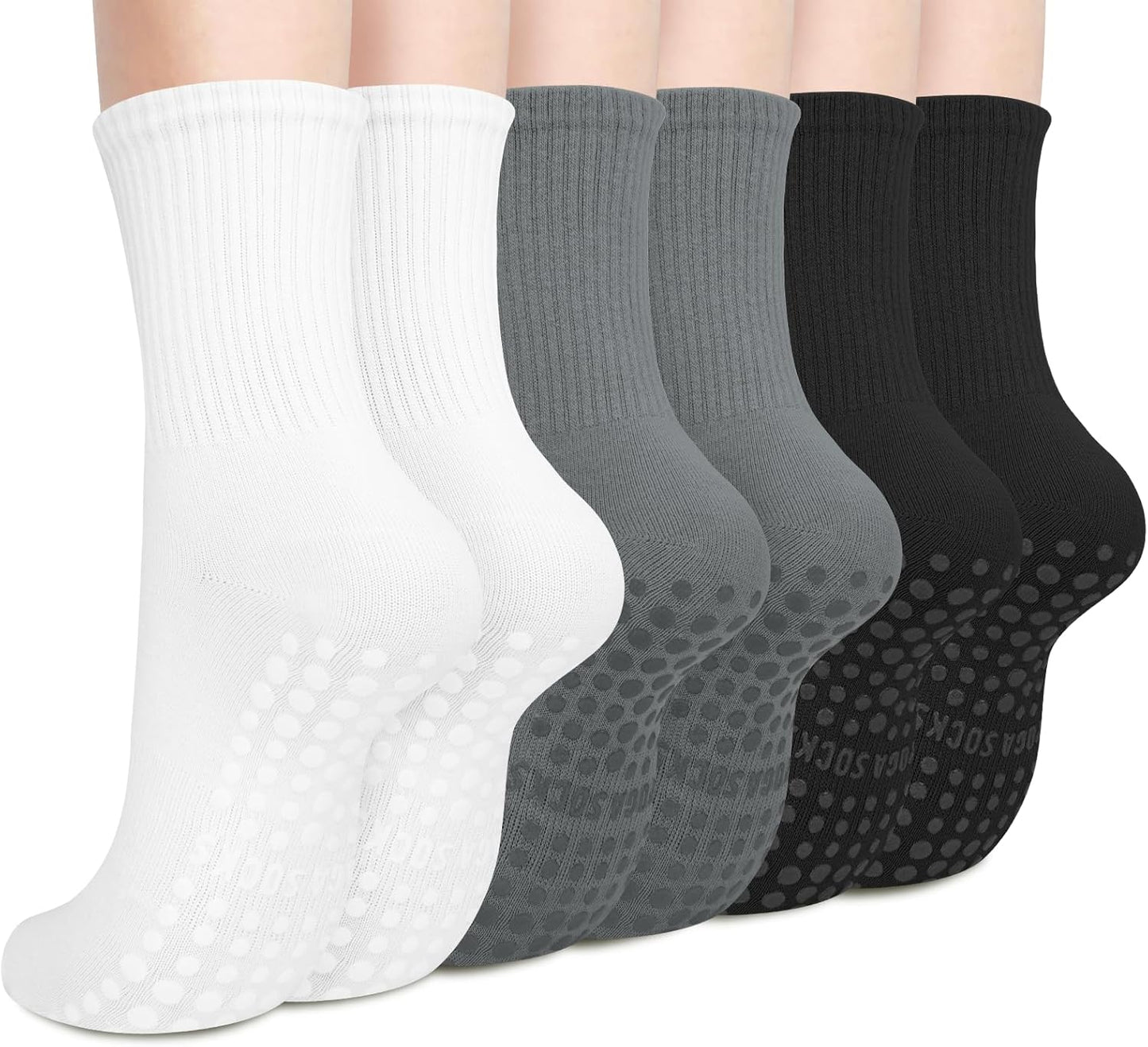 Justay 6 Pairs Pilates Socks with Grips for Women Soft Non Slip Crew Cotton Athletic Workout Barre Hospital Yoga Socks