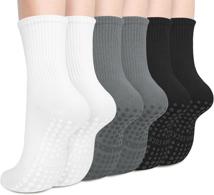 Justay 6 Pairs Pilates Socks with Grips for Women Soft Non Slip Crew Cotton Athletic Workout Barre Hospital Yoga Socks