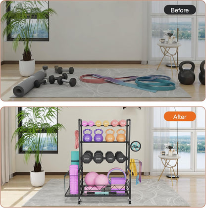 Dumbbell Rack, Adjustable Weight Rack for Home Gym Storage with 4 Wheels, Side Basket, Hooks, Multipurpose Metal Dumbbell Stand for Kettlebells, Yoga Gear, Strength Training Equipment, Black