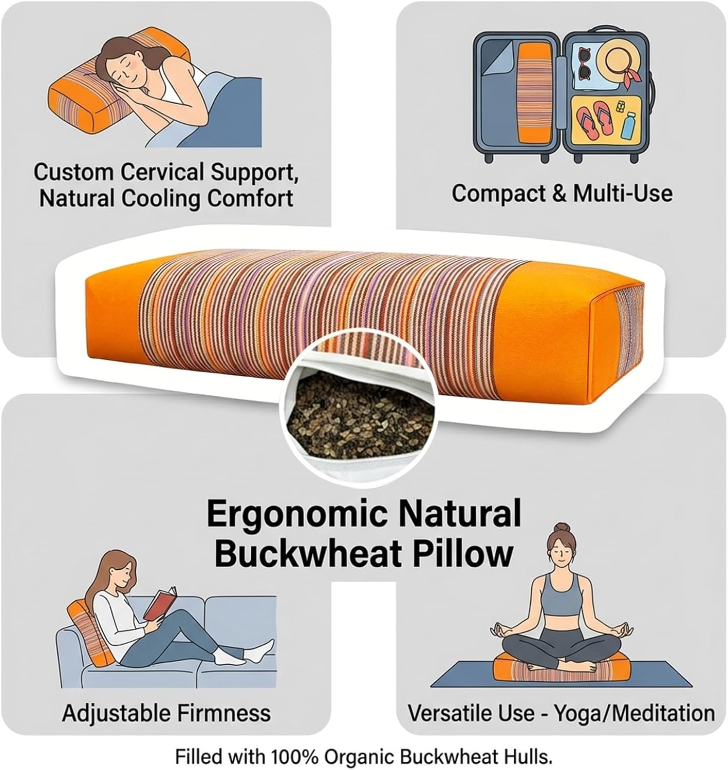 Adjustable Buckwheat Hull Pillow for Neck Pain Relief (21x8x4in) Natural Cooling Cervical Support Organic Pillow for Side & Back Sleepers with Night Sweats (Grey)