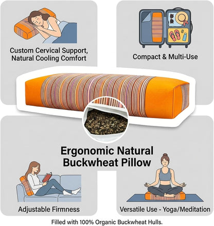Adjustable Buckwheat Hull Pillow for Neck Pain Relief (21x8x4in) Natural Cooling Cervical Support Organic Pillow for Side & Back Sleepers with Night Sweats (Grey)