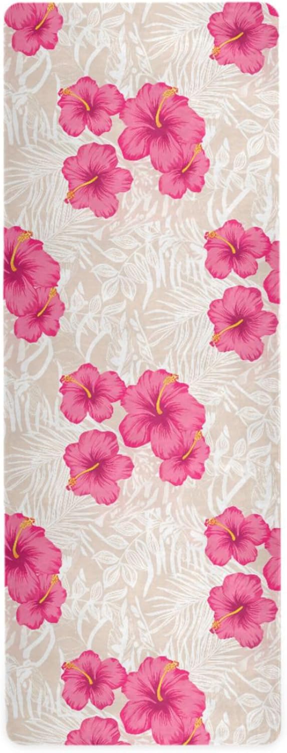Tropical Pink Hibiscus Flowers Yoga Mat, Anti-Tear Non Slip Exercise & Workout Mat, 71” x 26” with Storage Bag for Home Yoga, Pilates, Fitness & Floor Workouts