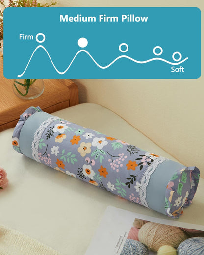 Buckwheat Hull Neck Roll Pillow -15.7" x4.7” Adjustable Firmness Cervical Support for Sleep & Yoga, Cooling Floral Cotton Cover, Ergonomic Bolster Pillow, Blue