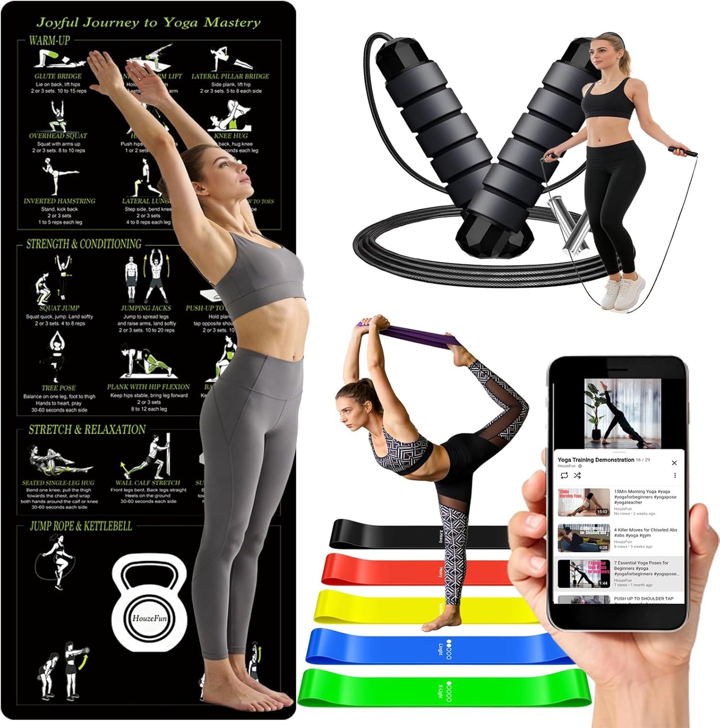 Lightweight and Portable Yoga Mat - Non-Slip Exercise Mat with Printed Yoga Poses for Pilates, Workout & Stretching - Includes Resistance Bands and Weighted Jump Rope - Home & Gym Use